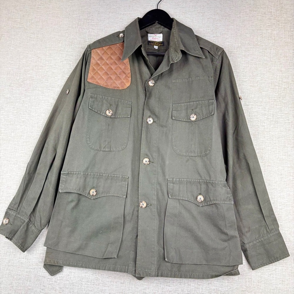 Vintage Abercrombie & Fitch Safari Jacket Olive Cotton Leather Patch 36S Small